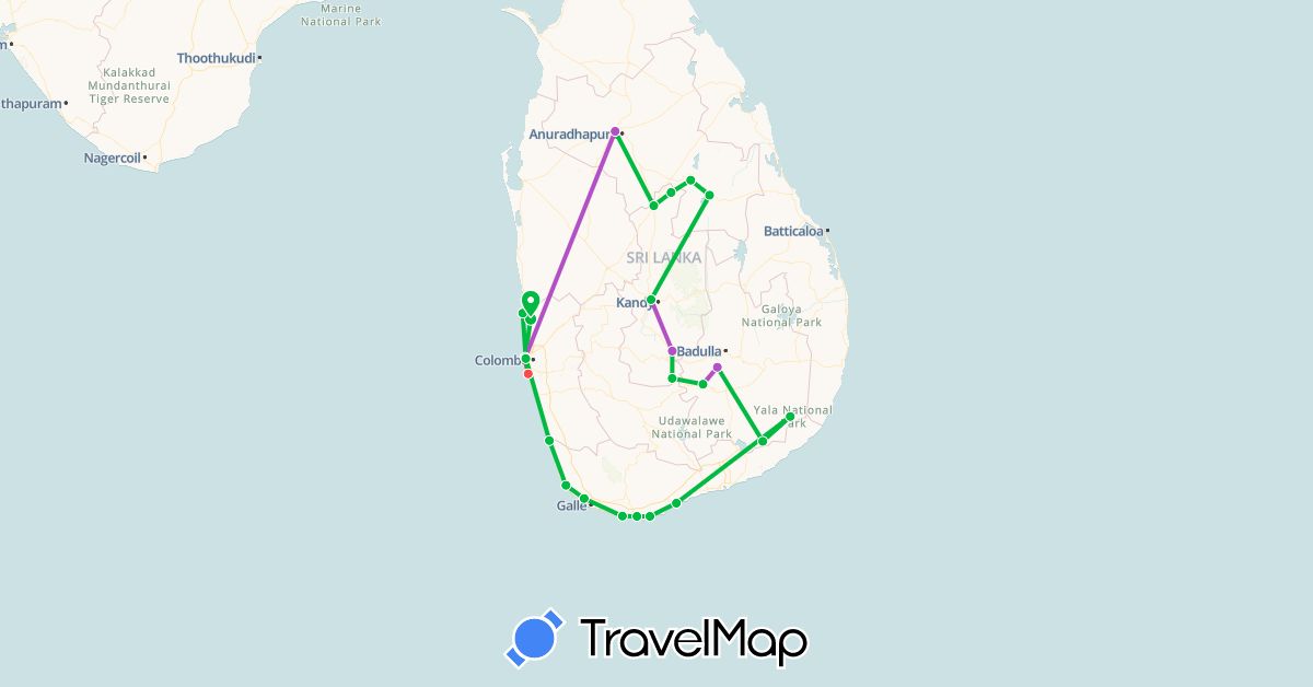 TravelMap itinerary: driving, bus, train, hiking in Sri Lanka (Asia)